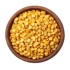 Yellow split lentils in a wooden bowl isolated on transparent background