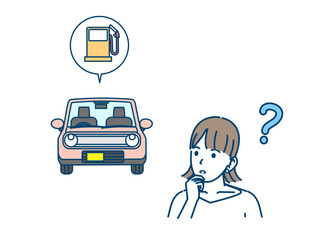 自動車のガソリンの入れ方について考える女性のイラスト