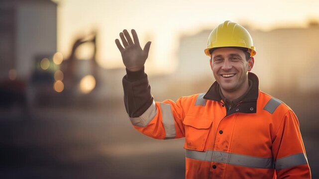 Friendly construction worker in hi-vis gear waves hello at sunset on a busy project site, conveying teamwork and progress.
