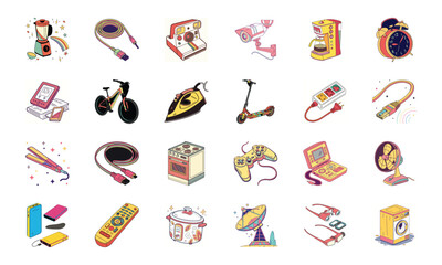 Colorful Vector Illustration Set of Home Appliances and Modern Gadgets – Blender, Power Cable, Retro Camera, CCTV Security Camera, Coffee Maker, Alarm Clock, Smartphone with Power Bank, Bicycle, Elect