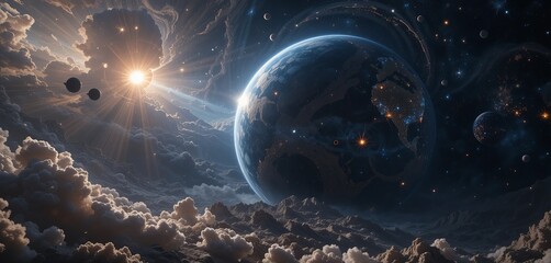 Sun rays illuminate gas giants in a celestial dance within the cosmos 