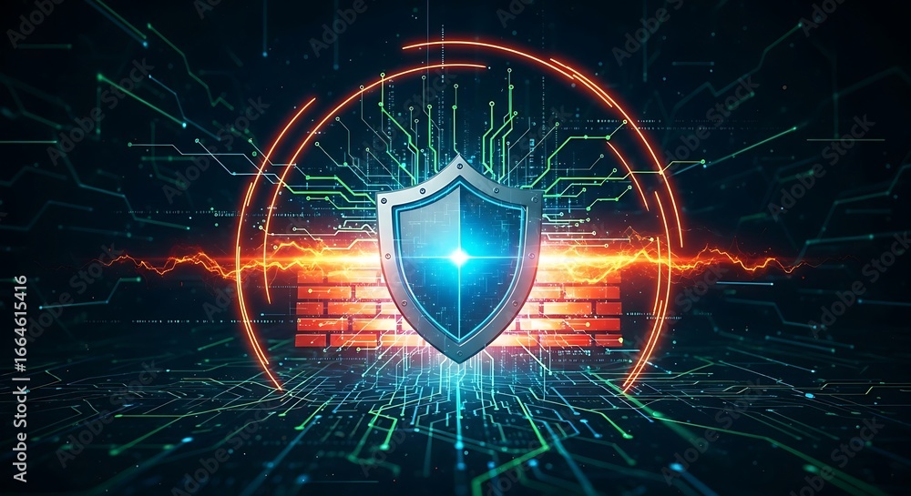 Poster a digital shield protecting a brick wall with circuit patterns and orange lightning effects around i