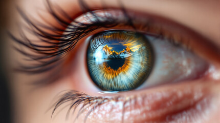 Intriguing closeup of a human eye, revealing intricate details of iris color and texture, with a mesmerizing reflection that captures attention