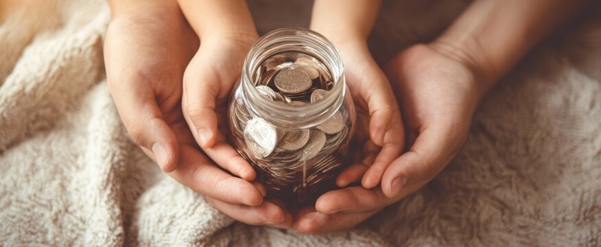 The Jar of Coins Held by Adult and Child Hands Symbolizing Family Savings