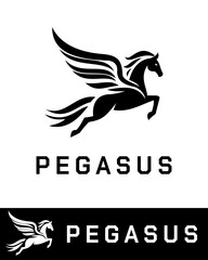 Elegant black Pegasus logo illustration featuring a winged horse in dynamic motion