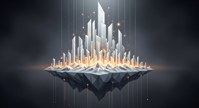 Futuristic crystalline city on a floating island with light beams