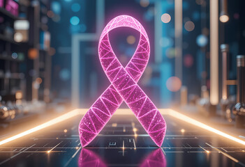 Digital Wireframe Pink Ribbon in Futuristic Corridor Glowing Symbol of Breast Cancer Awareness and Support High-Tech Tribute to Health, Hope, and Advocacy