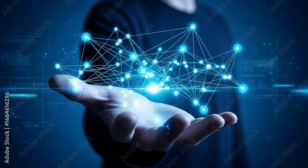 Poster a persons open hand holding a glowing abstract network of interconnected nodes and lines, symbolizin
