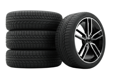 New black radial car tires, three stacked, one with chrome alloy wheel, white studio background, soft high-key light, concept of automotive quality.