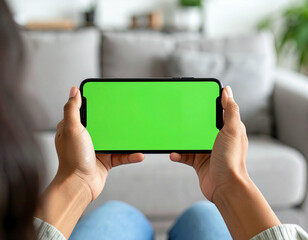 Person holding a smartphone with a green screen, indoors, relaxed posture.