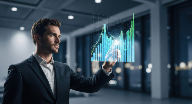 Interactive Business Intelligence A Businessman Engaging with Data Visualization on a Digital Screen for Strategic Decision Making and Financial Analysis in Real Time