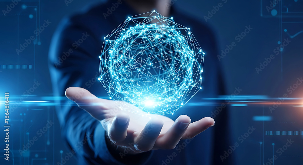 Poster a person holding a glowing digital sphere made of interconnected lines and nodes, representing globa