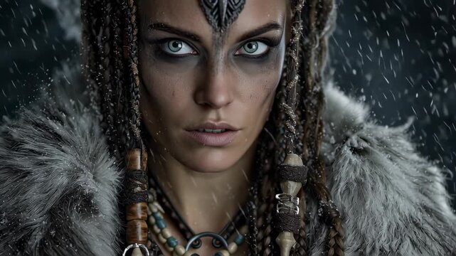 A viking warrior woman with an intense gaze wears animal fur and tribal makeup. Her hair is in long braids, and the background is a winter forest with snow.
