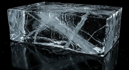 Textured natural ice block with cracks, on a black background with reflection. A melting piece of ice.