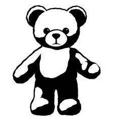 Black and white illustration of a teddy bear. A symbol of childhood, toys, comfort, and care. Minimalist soft toy bear.