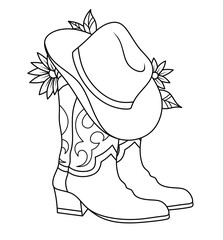 Illustration of cowboy boots and a hat with flowers. A symbol of the Wild West, Westerns, cowboy culture, and country style. Cowboy clothing is drawn with lines.