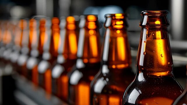 A row of clean, empty glass bottles moving along a conveyor belt in a brewery. The automated line is ready for production.