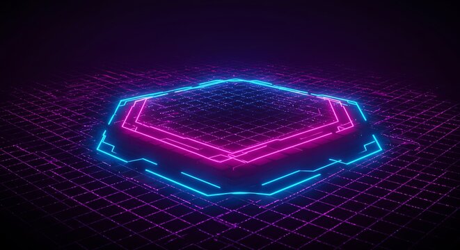 Futuristic concept of a glowing hexagonal podium illuminated by vibrant pink and blue neon lights on a dark digital grid background