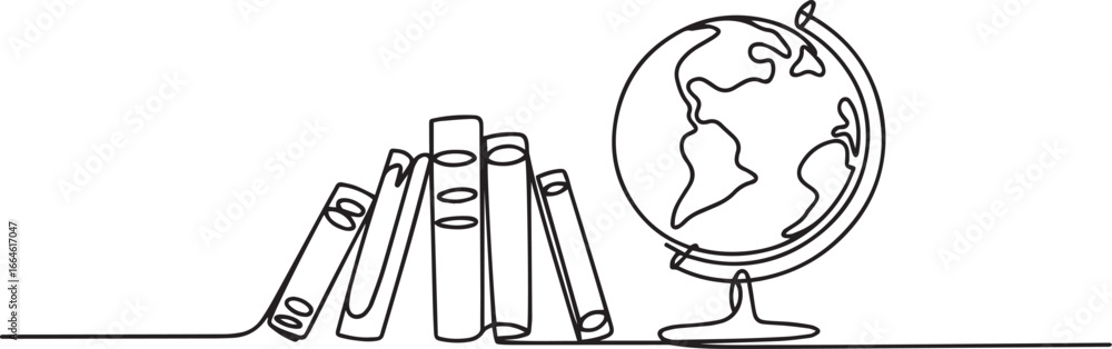Poster single line continuous drawing of a globe with stacked books in modern minimalist black outline illu