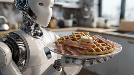 An artificially intelligent robot holding a plate with delicious waffles with butter and syrup, crispy bacon strips, for breakfast at a modern kitchen
