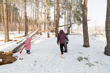 Mother with children walking in nature in the winter forest