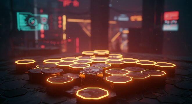 Abstract glowing hexagonal platforms bathed in vibrant orange, suggesting advanced technology and complex digital networks within a conceptual, futuristic cityscape