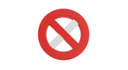 Bold, three-dimensional prohibition symbol, vibrant red circle with white diagonal line, matte finish, centered on a transparent background with copy space. Concept of prohibition and clear