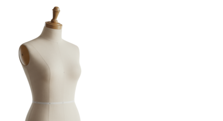 Pristine classic dressmaker's mannequin with light beige fabric body and wooden tripod, isolated in bright minimalist studio with transparent background, soft bokeh, copy space. Concept of
