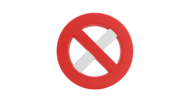Bold, three-dimensional prohibition symbol, vibrant red circle with white diagonal line, matte finish, centered on a transparent background with copy space. Concept of prohibition and clear - Powered by Adobe