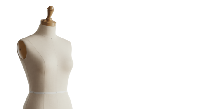 Pristine classic dressmaker's mannequin with light beige fabric body and wooden tripod, isolated in bright minimalist studio with transparent background, soft bokeh, copy space. Concept of