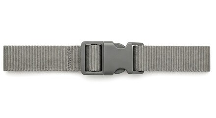 A gray nylon strap is fastened with a plastic clasp centered against a white background