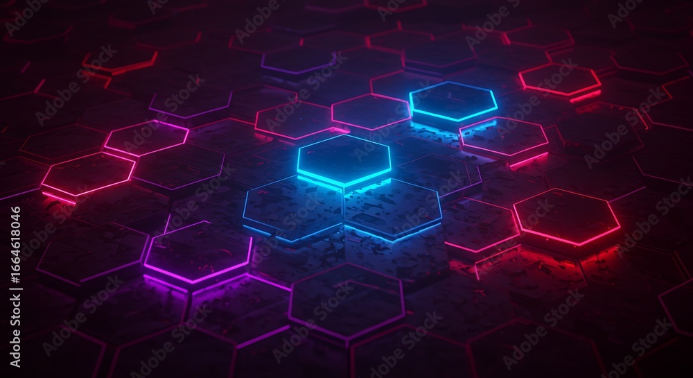 Poster dynamic grid of illuminated hexagons a futuristic digital surface with glowing blue, magenta, and re