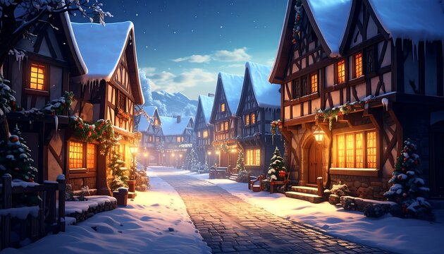 Snowy village street at Christmas night