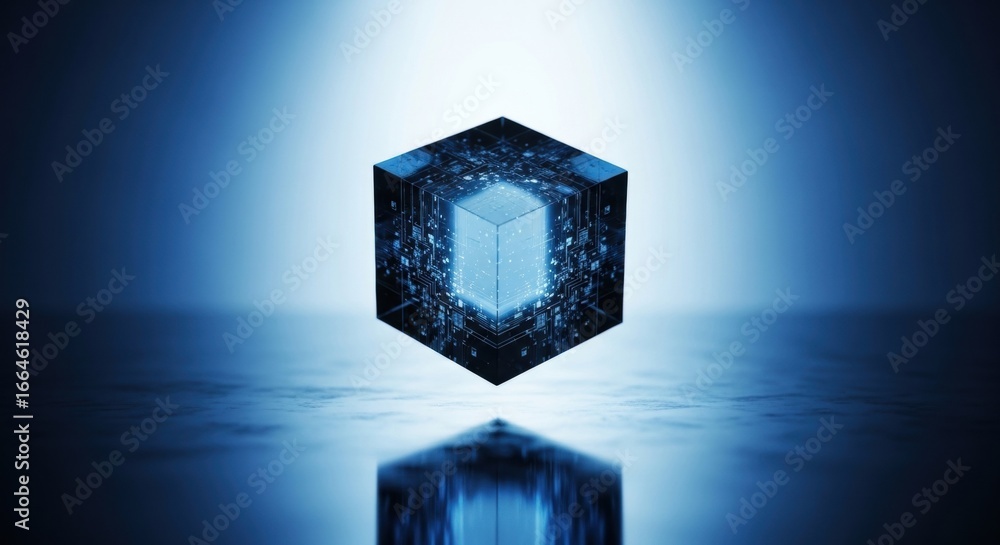Poster glowing data cube floating in empty room. futuristic technology concept design. abstract digital blo