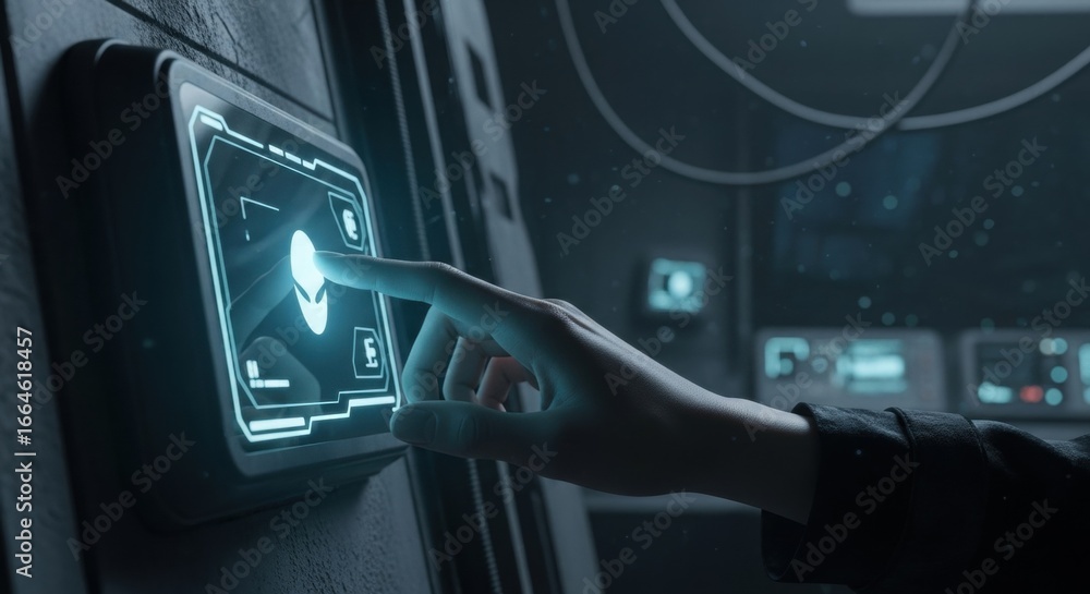 Poster woman touching futuristic alien icon on glow screen. future user interface with interactive control 