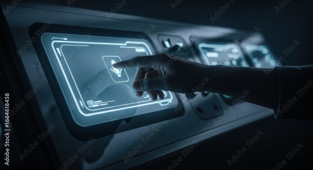 Poster woman touching virtual button on futuristic control panel. person interacting with holographic scree