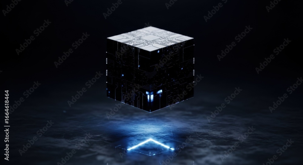 Poster futuristic cube with glowing circuit board pattern. digital technology and artificial intelligence c