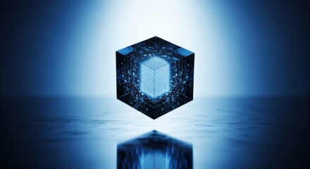 Glowing data cube floating in empty room. Futuristic technology concept design. Abstract digital block for background.