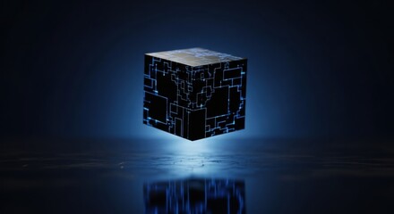 Glowing digital cube floating above reflective surface on dark background. Abstract technology concept representing big data and innovation.