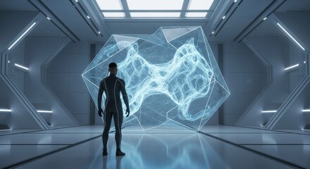 Man looking at abstract data projection. Digital concept of quantum computing, artificial intelligence and future technology. Metaverse development.