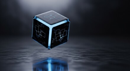 Abstract glowing blue cube floating over reflective surface. Futuristic data block or blockchain concept element illustrating modern technology.