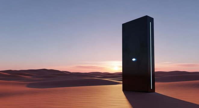 Black monolith with glowing lights in desert landscape at sunset. Mysterious futuristic technology concept. Space exploration digital art. - Powered by Adobe