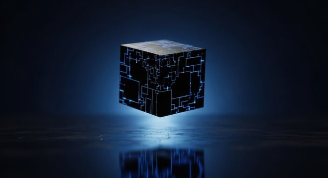 Glowing digital cube floating above reflective surface on dark background. Abstract technology concept representing big data and innovation.