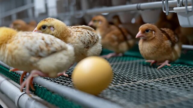A close-up view of small, newly hatched chicks and a brown egg on a metal conveyor belt in a modern, automated chicken factory.