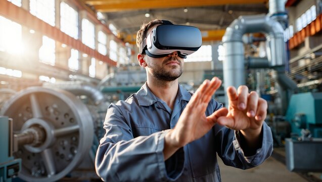 Person in VR headset and workwear interacting via hand gestures in large industrial facility. Machinery and piping suggest tech-driven training or simulation in modern industry.
