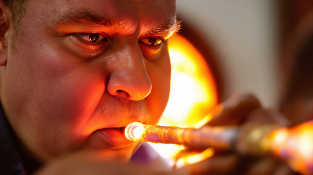 Intense Focus A Glassblower's Close-Up, Capturing the Skill and Artistry of Shaping Molten Glass with Precision and Expertise in a Studio Setting - Powered by Adobe