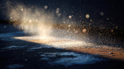 Spray mist of curing compound over concrete surface glowing in warm backlight with golden particles in air