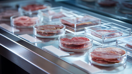 Dried meat samples in petri dishes on the table at a modern laboratory. Research in natural ingredients, Dried meat research, Quality control process of food industry
