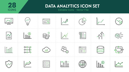  Minimal Line Data Analytics Icons Set – 28 Editable Vector Icons for Statistics, Business Intelligence, Charts, Graphs, Reports, Machine Learning, Finance, Cloud, and Performance Analysis