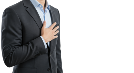 A gender-neutral business professional in a charcoal suit, torso up, hand gesturing outwards from chest revealing an idea, high-key studio light, white background, concept of unlocking potential